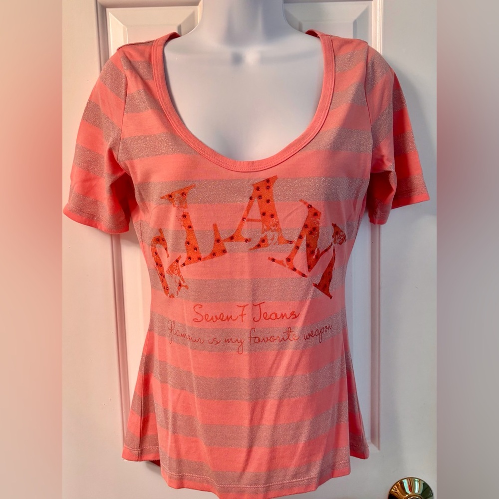 Seven7 GLAM Coral & Silver Metallic Striped Tee and rhinestone accents